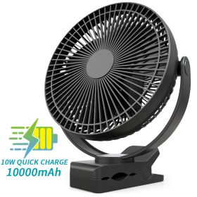 10000mAh Rechargeable Portable;  8-Inch Battery Operated Clip on Fan;  USB;  4 Speeds;  Strong Airflow;  Sturdy Clamp for Office Desk Golf Car Outdoor (Color: Black)